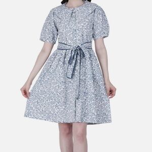 All in the Details Blue Floral Tie-Waist Cotton Dress
